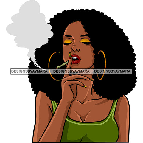 Sexy Afro Woman Smoking Marijuana Bamboo Hoop Earrings Puffy Afro Hairstyle SVG JPG PNG Vector Clipart Cricut Silhouette Cut Cutting