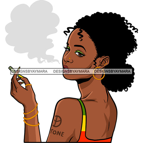 Sexy Afro Woman Smoking Marijuana Weed Arm Tattoo Afro Bun Hairstyle SVG JPG PNG Vector Clipart Cricut Silhouette Cut Cutting
