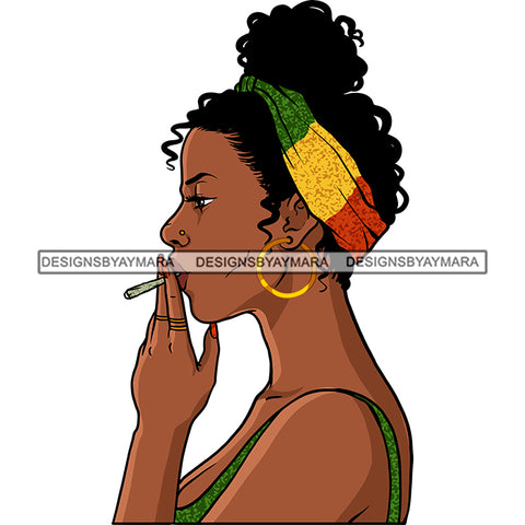 Sexy Afro Woman Profile Smoking Weed Rasta Headwrap Updo Puffy Afro Hairstyle SVG JPG PNG Vector Clipart Cricut Silhouette Cut Cutting