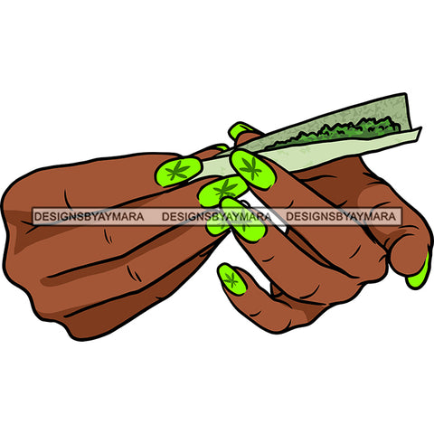 Afro Woman Hands Holding Joint Green Color Marijuana Leaves Nail Design SVG JPG PNG Vector Clipart Cricut Silhouette Cut Cutting