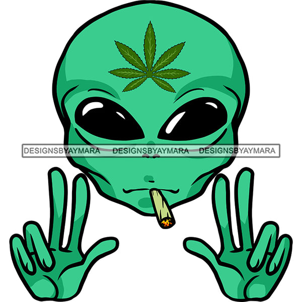 Alien Extraterrestrial Smoking Weed Blunt Cannabis Marijuana Hands Peace Sign SVG JPG PNG Vector Clipart Cricut Silhouette Cut Cutting