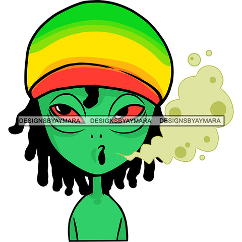 Alien Extraterrestrial Rasta Hat Dreadlocks Green Smoke Smoking Weed Doobie SVG JPG PNG Vector Clipart Cricut Silhouette Cut Cutting