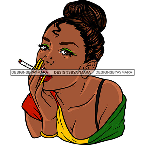 Sexy Afro Woman Smoking Marijuana Weed Cannabis Rasta T-Shirt Bun Hairstyle SVG JPG PNG Vector Clipart Cricut Silhouette Cut Cutting
