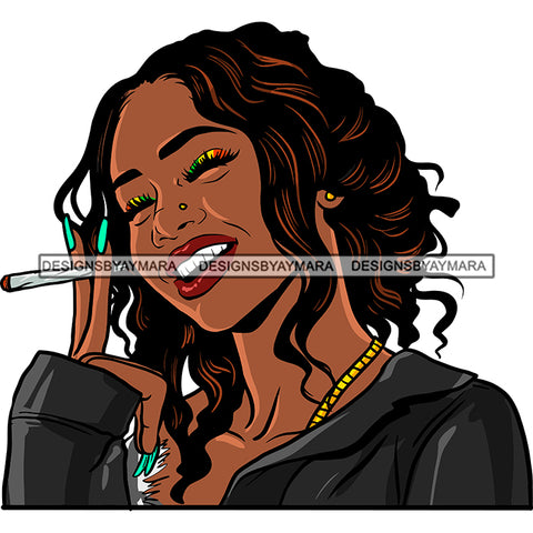 Sexy Afro Woman Smiling Smoking Marijuana Rasta Eyeshadow Wavy Hairstyle SVG JPG PNG Vector Clipart Cricut Silhouette Cut Cutting