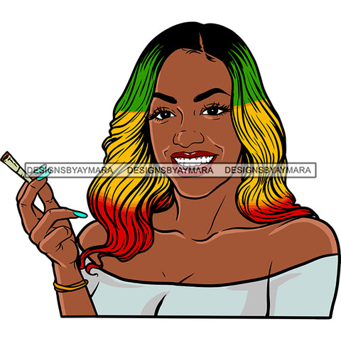 Sexy Afro Woman Smiling Smoking Joint Pot Weed Rasta Long Wavy Hairstyle SVG JPG PNG Vector Clipart Cricut Silhouette Cut Cutting