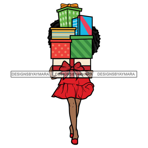 Black Woman Carrying Christmas Packages Wearing Red SVG JPG PNG Vector Clipart Cricut Silhouette Cut Cutting