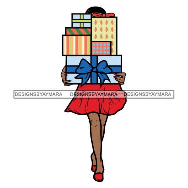 Black Woman Carrying Christmas Packages Wearing Red SVG JPG PNG Vector Clipart Cricut Silhouette Cut Cutting