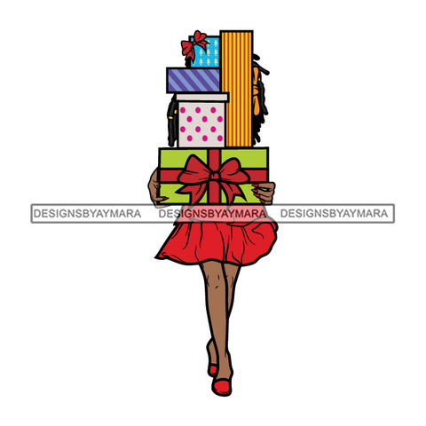 Black Woman Carrying Christmas Packages Wearing Red Locs SVG JPG PNG Vector Clipart Cricut Silhouette Cut Cutting