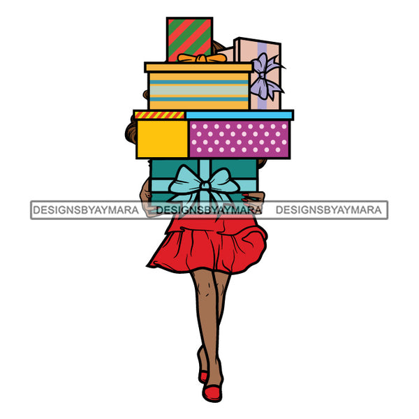 Black Woman Carrying Christmas Packages Wearing Red  SVG JPG PNG Vector Clipart Cricut Silhouette Cut Cutting