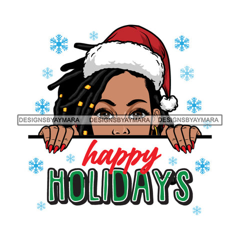 Peek A Boo Happy Holiday Black Woman Wearing Red Santa Hat Locs SVG JPG PNG Vector Clipart Cricut Silhouette Cut Cutting