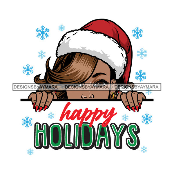 Peek A Boo Happy Holiday Black Woman Wearing Red Santa Hat SVG JPG PNG Vector Clipart Cricut Silhouette Cut Cutting