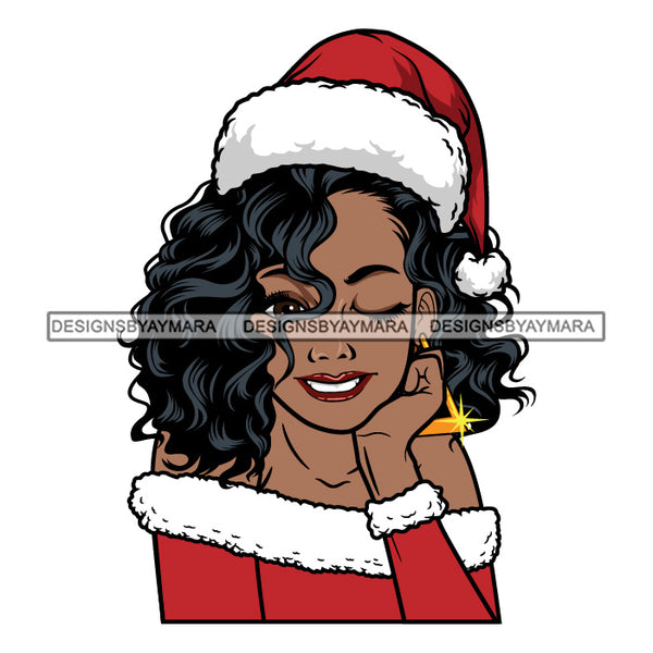 Black Woman Winking Wearing Red Santa Hat With Long Hair SVG JPG PNG Vector Clipart Cricut Silhouette Cut Cutting