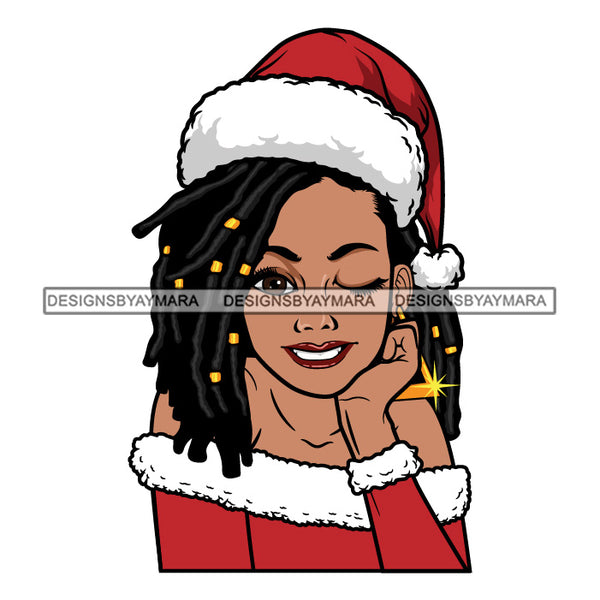 Black Woman Winking Wearing Red Santa Hat With Locs SVG JPG PNG Vector ...
