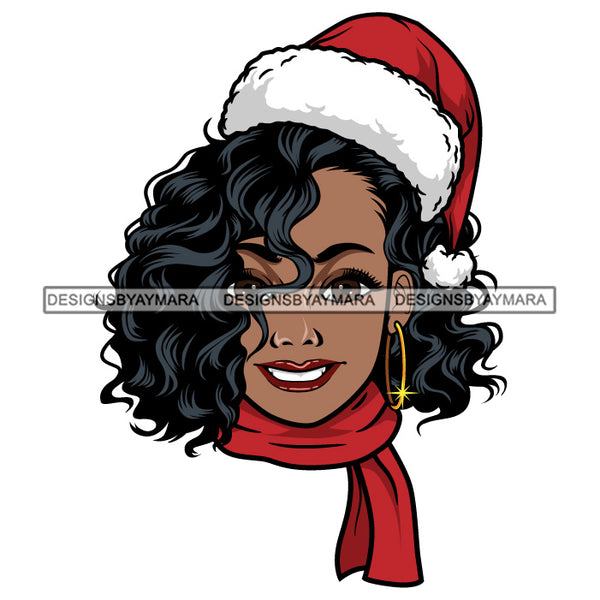 Santa Woman Black With Long Hair Wearing Santa Hat And Scarf SVG JPG PNG Vector Clipart Cricut Silhouette Cut Cutting