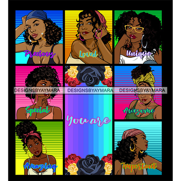 Seven Afro Beautiful Women Portraits Bundle You Are Precious Life Quotes Roses Sistas Melanin Nubian SVG JPG PNG Vector Clipart Cricut Silhouette Cut Cutting