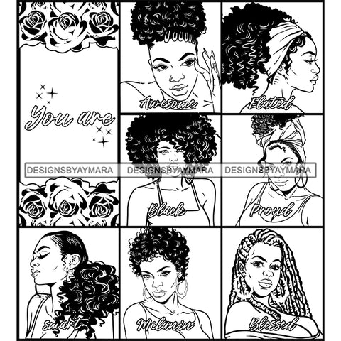 Seven Afro Beautiful Women Portraits Bundle You Are Proud Life Quotes Roses Sistas Melanin Nubian B/W SVG JPG PNG Vector Clipart Cricut Silhouette Cut Cutting