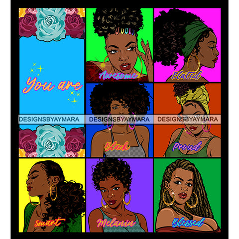 Seven Afro Beautiful Women Portraits Bundle You Are Proud Life Quotes Roses Sistas Melanin Nubian SVG JPG PNG Vector Clipart Cricut Silhouette Cut Cutting