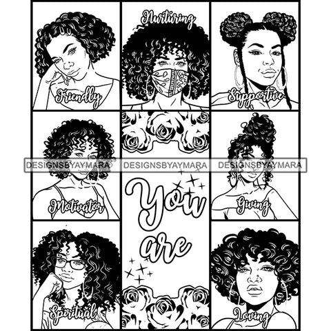 Seven Afro Beautiful Women Portraits Bundle You Are Motivator Life Quotes Roses Sistas Melanin Nubian B/W SVG JPG PNG Vector Clipart Cricut Silhouette Cut Cutting
