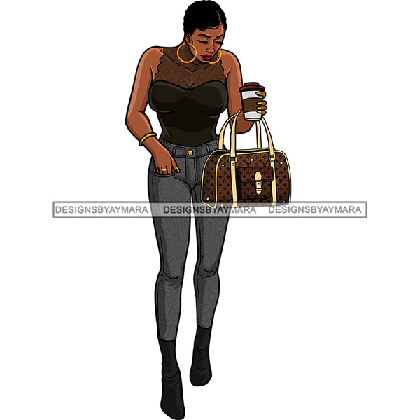 Black Diva Stepping Out In Jeans With Coffee JPG PNG  Clipart Cricut Silhouette Cut Cutting