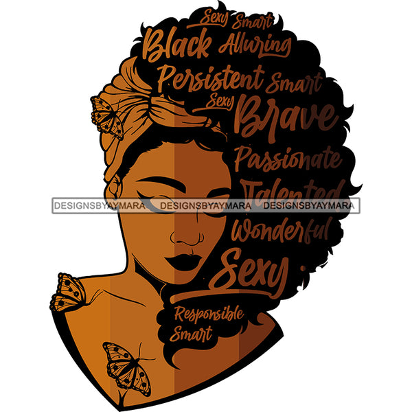 Beautiful Brown Diva With Headwrap Words In Hair Butterflies SVG JPG PNG Vector Clipart Cricut Silhouette Cut Cutting