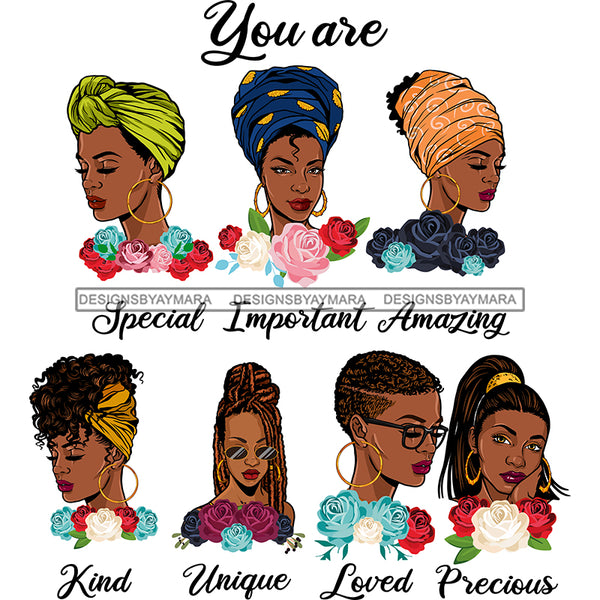 Afro Women Together You Are Unique Loved Life Quotes Divas White Background SVG JPG PNG Vector Clipart Cricut Silhouette Cut