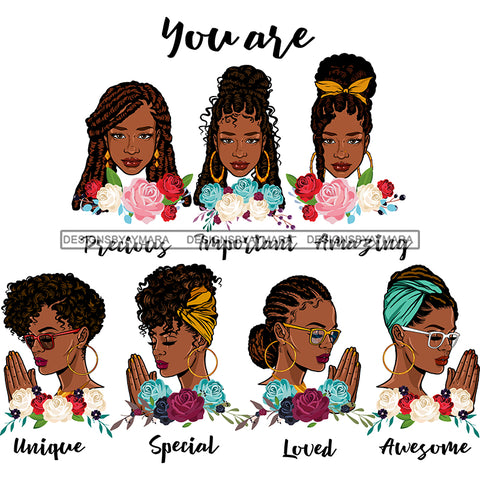 Afro Women Together You Are Precious Unique Life Quotes Divas White Background SVG JPG PNG Vector Clipart Cricut Silhouette Cut