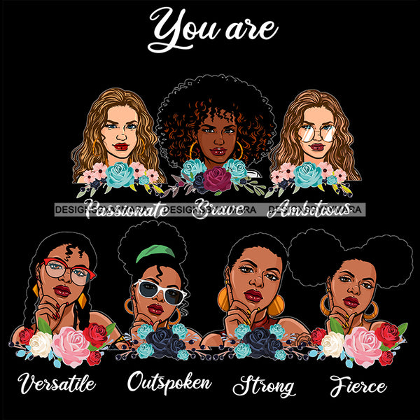 Afro Women Together You Are Outspoken Fierce Life Quotes Divas Flowers Dark Background SVG JPG PNG Vector Clipart Cricut Silhouette Cut
