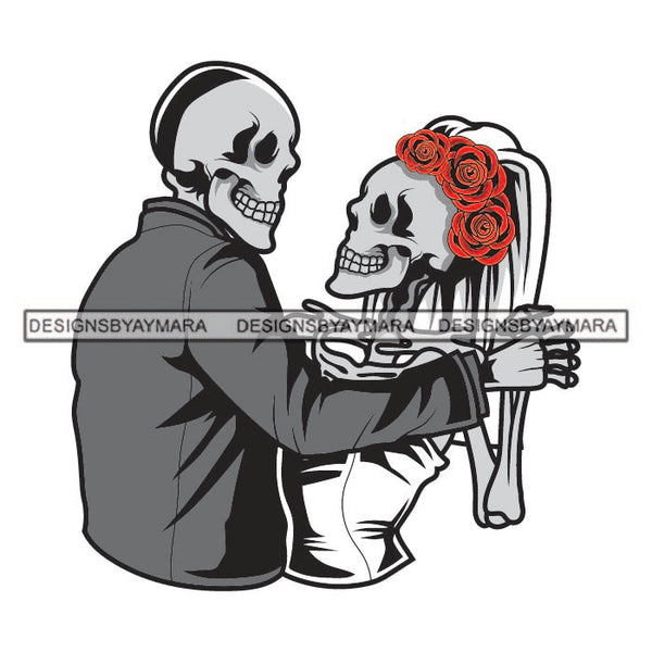Skeleton Couple Partners Love Skull Head Dead Death Human Bone Red Rosses Flowers Rose Love Marriage Hug Romance Love SVG PNG JPG Cut Files For Silhouette Cricut and More!
