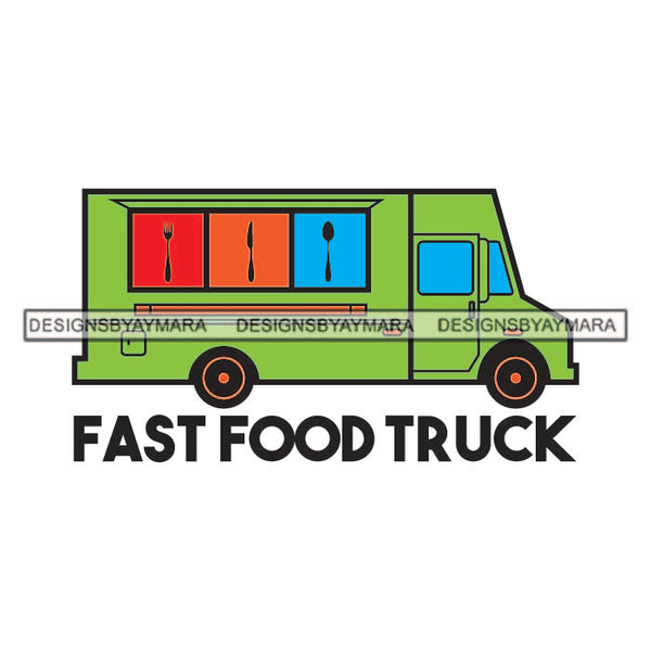 Fast Food Fork Knife Spoon Truck On Road Red Green Blue Driving Drive Van Eating Eat Hungry Hunger Tattoo SVG JPG PNG Vector Clipart Cricut Silhouette Cut Cutting