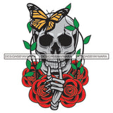 Skull Head Skeleton Keep Silence Silent Dead Death Human Bone Red Rosses Flowers Leaves Leaf Rose Yellow Butterfly SVG PNG JPG Cut Files For Silhouette Cricut and More!