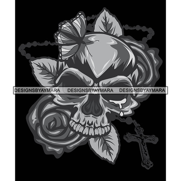 Skull Tattoo Death Dead Head Skeleton Cross Tear Butterfly Designs For T-Shirt and Other Products SVG PNG JPG Cutting Files For Silhouette Cricut and More!