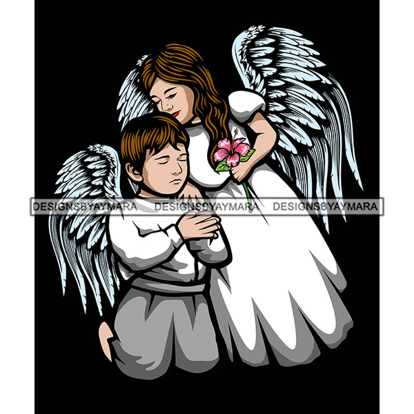 Angels Angel Boy Girl Feather Wings Heaven Tattoo Love Brother Sister Designs For T-Shirt and Other Products SVG PNG JPG Cutting Files For Silhouette Cricut and More!