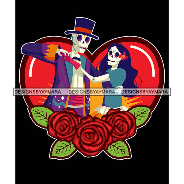 Cute Couple Skulls Death Dead Soulmates Relationship Forever Dancing Heart Tattoo Flowers Designs For T-Shirt and Other Products SVG PNG JPG Cutting Files For Silhouette Cricut and More!