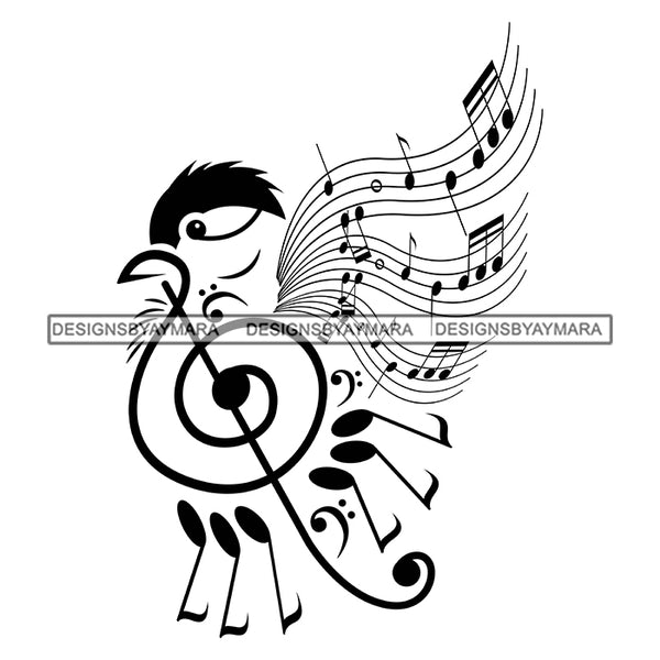 Music Notes Bird Melody Musical Sound Symbol Clef Key Element Treble Designs For T-Shirt and Other Products SVG PNG JPG Cutting Files For Silhouette Vector Cricut and More!