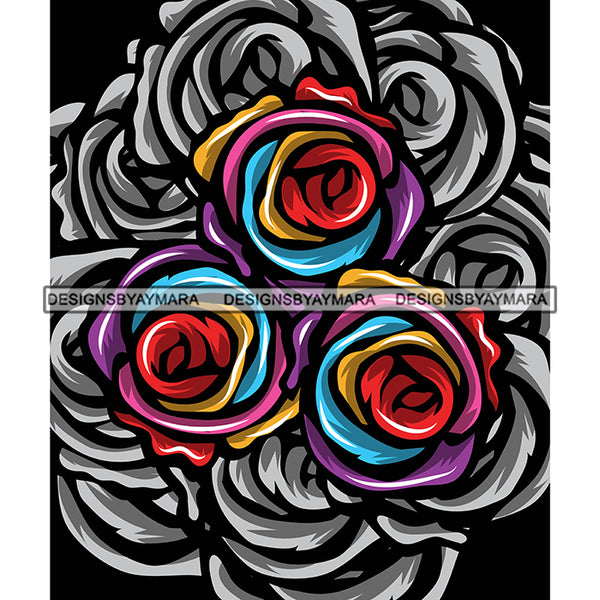 Colorful Flowers Rose Flower Black Background Tattoo SVG JPG PNG Vector Clipart Cricut Silhouette Cut Cutting