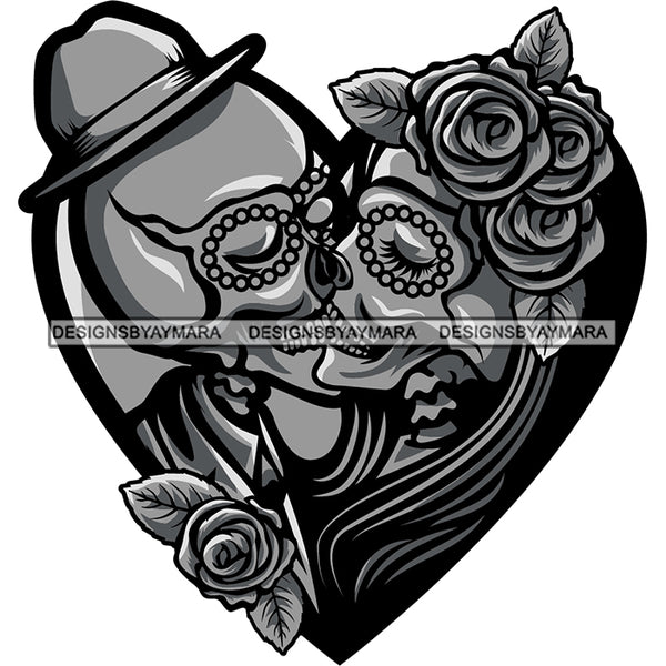Skeleton Couple Heart Hat Partners Love Skull Head Dead Death Human Bone Red Rosses Flowers Rose Love Romance SVG PNG JPG Cut Files For Silhouette Cricut and More!