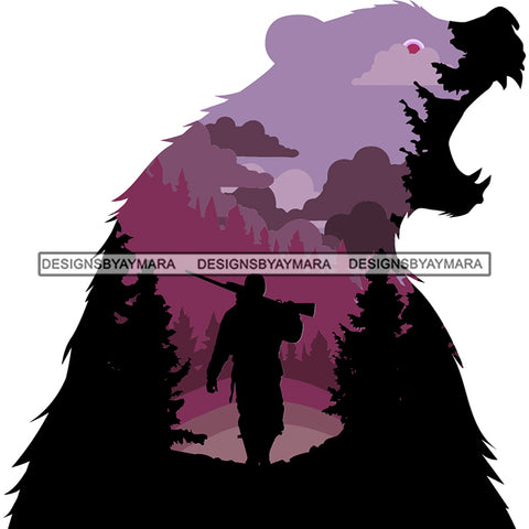 Lion Face Roaring Dangerous Scary Animals Animal Hunter Man Holding Riffle Gun Jungle Forest Tattoo SVG JPG PNG Vector Clipart Cricut Silhouette Cut Cutting