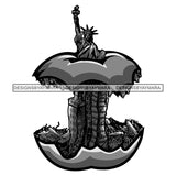 Statue of Liberty US America Eaten Apple Fruit Statues Black And White Tattoo SVG JPG PNG Vector Clipart Cricut Silhouette Cut Cutting