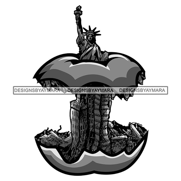 Statue of Liberty US America Eaten Apple Fruit Statues Black And White Tattoo SVG JPG PNG Vector Clipart Cricut Silhouette Cut Cutting
