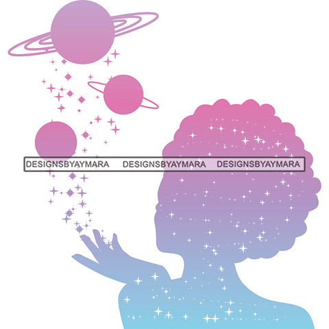 Woman Silhouette Universe Planet Comet Cosmo Space Love Stars Shooting SVG PNG JPG Cut Files For Silhouette Cricut and More!