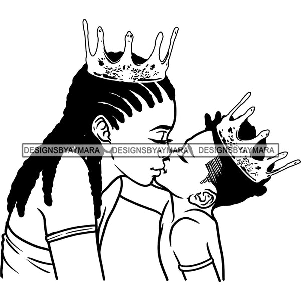 Happy Mother's Day Pretty Crowned Mom Kissing Crowned Son Happy Family B/W SVG JPG PNG Vector Clipart Cricut Silhouette Cut Cutting