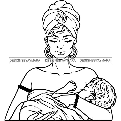 Goddess Mother Sleeping Baby True Love Peace Turban Earrings Motherhood B/W SVG JPG PNG Vector Clipart Cricut Silhouette Cut Cuttingn