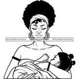 Goddess Afro Mother Sleeping Baby True Love Care Headwrap Earrings Motherhood B/W SVG JPG PNG Vector Clipart Cricut Silhouette Cut Cuttingn