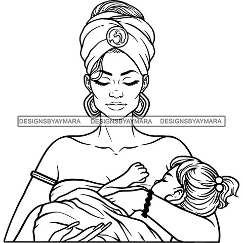 Goddess White Mother Sleeping Baby Peace True Love Turban Earrings Motherhood B/W SVG JPG PNG Vector Clipart Cricut Silhouette Cut Cuttingn