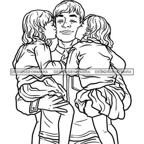 Father Daughters Kissing Dad Happy Family Together Loving Caring Parenthood B/W SVG JPG PNG Vector Clipart Cricut Silhouette Cut Cutting