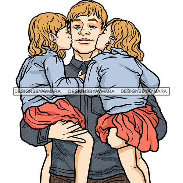 White Father Daughters Kissing Dad Family Together Loving Caring Parenthood SVG JPG PNG Vector Clipart Cricut Silhouette Cut Cutting