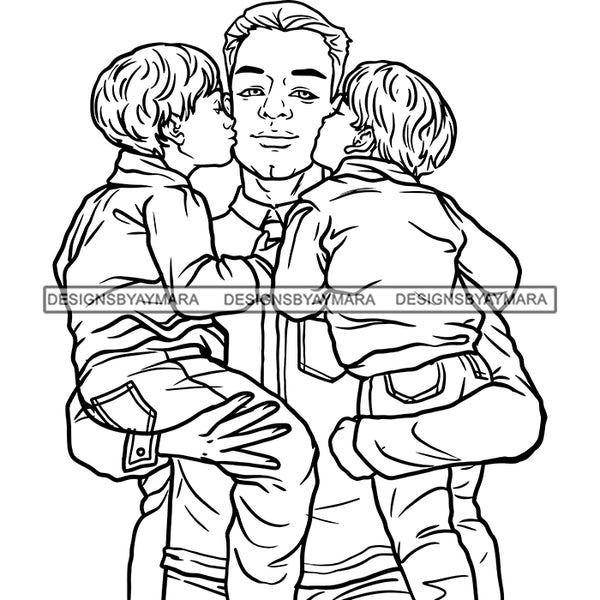 Father Sons Kissing Dad Happy Memories Family Together Loving Caring Parenthood B/W SVG JPG PNG Vector Clipart Cricut Silhouette Cut Cutting