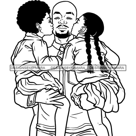 Father Daughters Kissing Dad Sweet Moments Family Caring Loving Parenting B/W SVG JPG PNG Vector Clipart Cricut Silhouette Cut Cutting