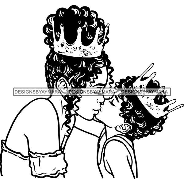 Happy Mother's Day Pretty Crowned Mom Kissing Son Parenthood True Love B/W SVG JPG PNG Vector Clipart Cricut Silhouette Cut Cutting
