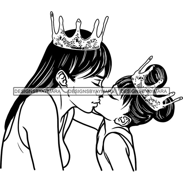 Happy Mother's Day Pretty Crowned Mom Kissing Crowned Daughter Happy Family B/W SVG JPG PNG Vector Clipart Cricut Silhouette Cut Cutting